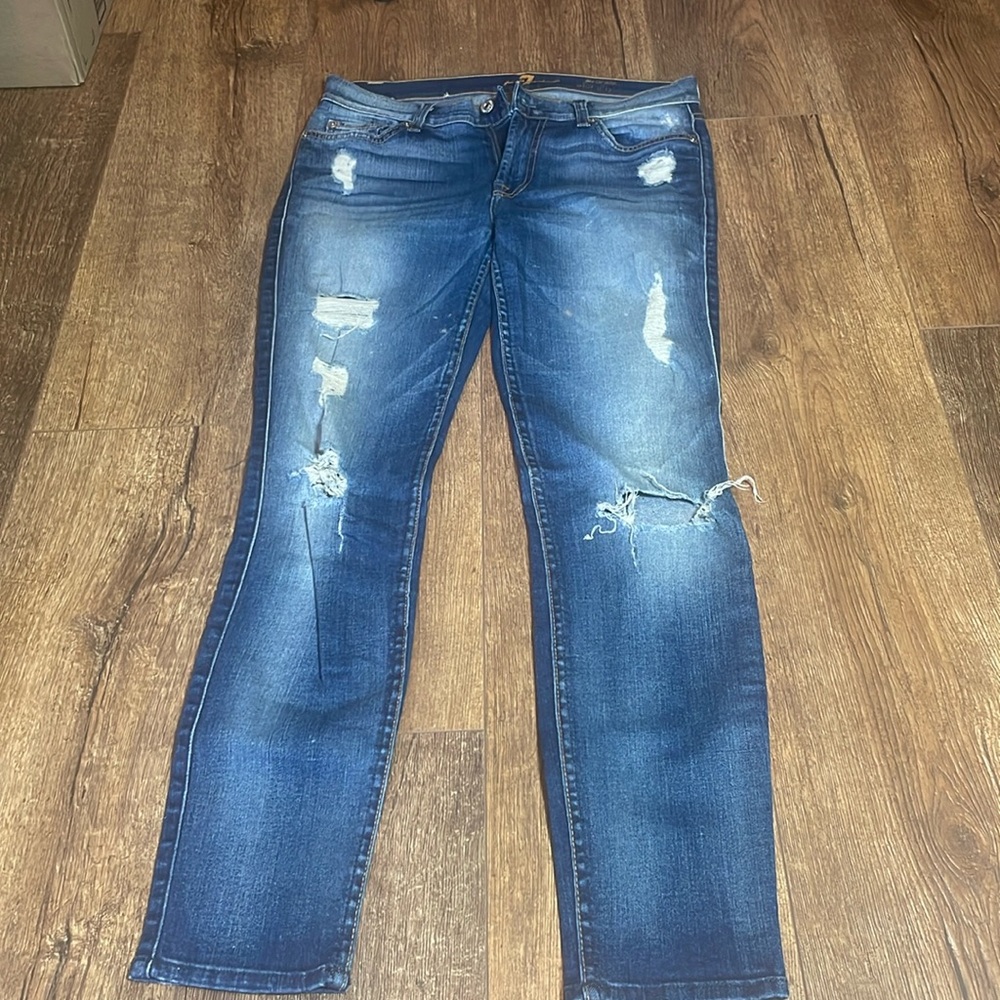 For all mankind, the ankle skinny distressed jeans, size 28 waist 14 inseam 28